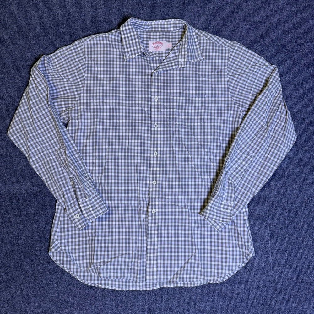Brooks Brothers Mens Slim Fit Gingham Button Down Shirt Grey White Large L